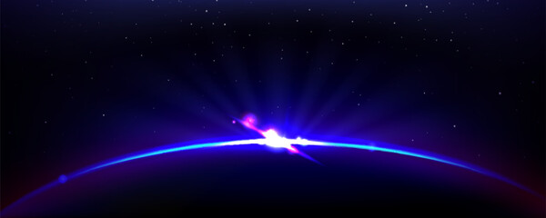 Wall Mural - purple planet and sun eclipse light on space horizon bg. abstract blue sunrise in starry sky with fl