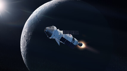 Wall Mural - sci-fi wallpaper. orion spacecraft flies in outer space on orbit of moon. expedition to moon. elemen