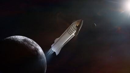 Wall Mural - heavy starship take off mission on moon background. elements of this image furnished by nasa.