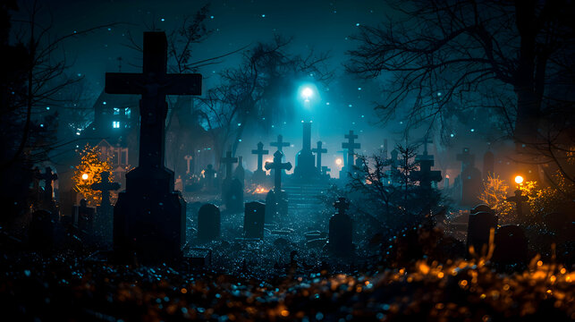 A spooky Halloween night with gravestones and eerie decorations illuminated by moonlight
