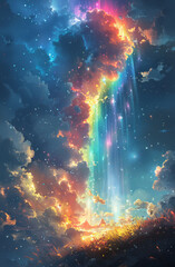 Cloud fairytale, where celestial wonders of vibrant rainbow and glistening Milky Way converge in a symphony of colors and light,