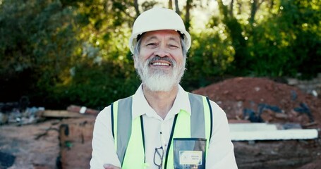 Canvas Print - Face, outdoor and happy mature man with arms crossed on construction site for excavation, digging or discovery. Archeology, record and employee for artefact recovery, confidence or examine history