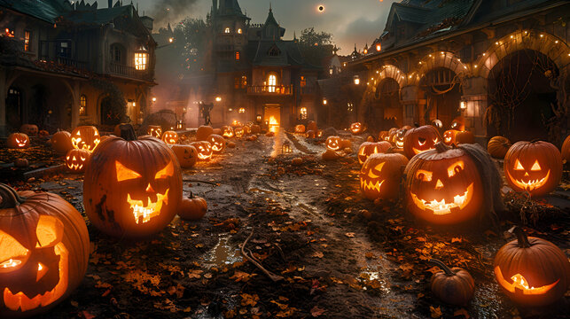 A spooky Halloween scene with carved pumpkins of various designs