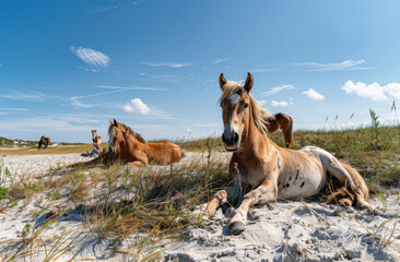 Wall Mural - A herd of Lolas, a breed that resembles the wild horses on Shiningbedecked Island in New York in USA