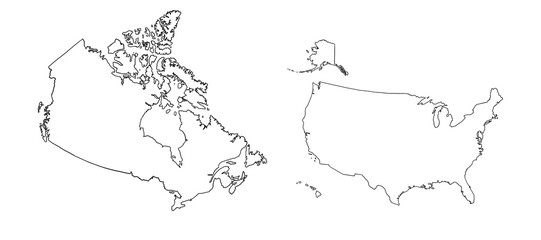 Contour drawing of USA and Canada. Map illustration of two North American countries.	