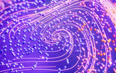 Sticker - Flowing curve lines and particles, 3d rendering.