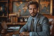 © DachAI - Well-dressed man sitting confidently in an office, with maps decorating the background