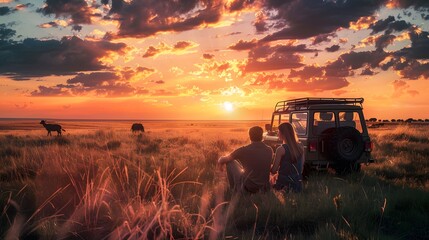 couple sitting on the floor Grass and a jeep in the grass field with wild animals in the background, the sunset 