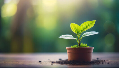 Wall Mural - green plant in small pot against soft focus backdrop, representing growth, vitality, and eco-friendliness