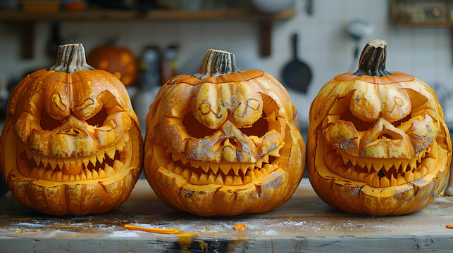 A time-lapse sequence of a Halloween jack-o'-lantern being carved, from start to finish