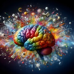 Brain thoughts in different colours combo,brain functions with shades different colours,Brain waves,Brain working,Mind blown concept.