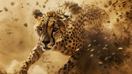 Wall Mural - Closeup cheetah running verry fast and throwing up dust moment frozen in time