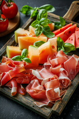 Wall Mural - prosciutto ham, tomaoes, basil leaves, olives and melon in a nice tasteing plate