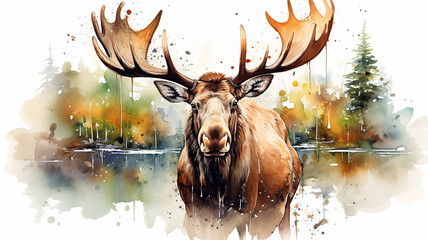 Moose with big horns, a brown wild beast, the king of the forests in splashes of watercolor paints