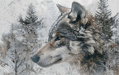 A double exposure illustration of wolf and forest, the wolf is grey with white fur on its head and neck, red particles in his mouth, there's snowcovered trees in background