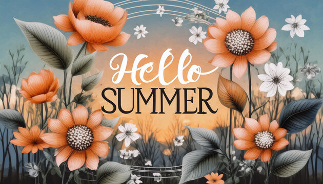 Abstract background with flowers frame around. Hello Summer - modern calligraphy lettering