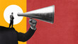 © master1305 - Broadcasting Power. Hand with man holding large megaphone. Authoritative voice of control, in politics, media, corporate leadership. Contemporary art collage. Concept of propaganda, information, news.