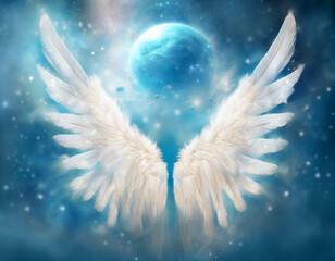 Wall Mural - beautiful white angel wings with blue planet and stars, realistic illustration of spiritual and reli