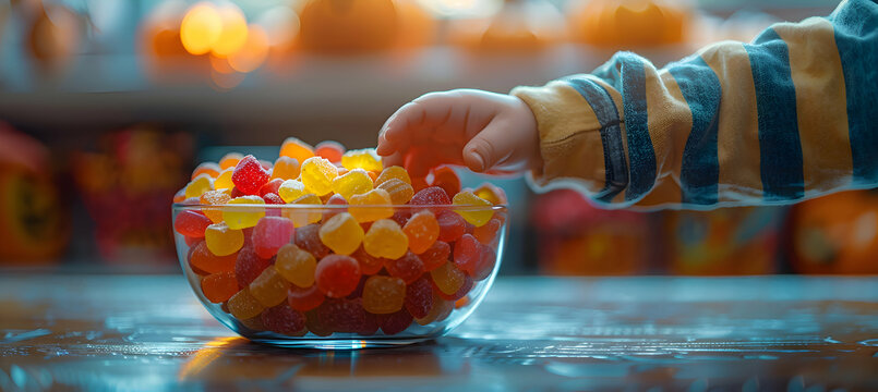 Close-up of a child's hand reaching for Halloween candy from a decorated bowl
