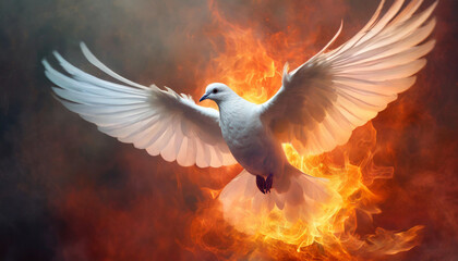 A white dove, symbolizing the Holy Spirit, flies through the air amidst flames, set against a fiery red and orange background, representing purity, divine presence, and spiritual transformation