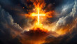 © Your Hand Please - dramatic fiery explosion erupts from a Christian cross set amidst clouds in the heavens, symbolizing the powerful and divine act of creation described in Genesis 1:1