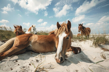 Wall Mural - A herd of Lolas, a breed that resembles the wild horses on Shiningbedecked Island in New York in USA