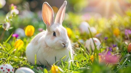 Poster - Cute easter bunny with big ears outdoors