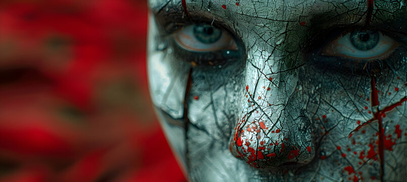 Close-up of a creepy horror mask with bloodstains and cracks