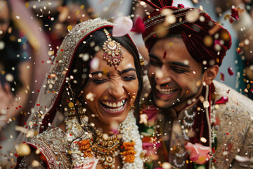 Wall Mural - young Indian couple laughing at the confetti throwing during their indian wedding ceremony