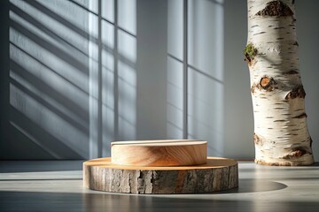 Wooden display stand in a sunlit room with birch logs.