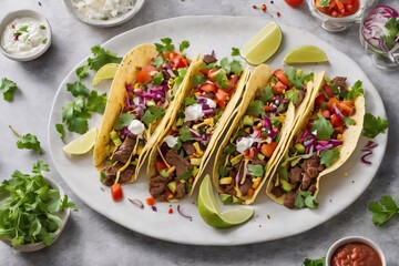 Wall Mural - Mexican Tacos with fresh vegetables and herbs on white background