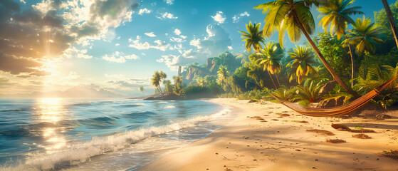 Idyllic Beach at Sunset with Palm Trees and Rocky Shore, Serene Coastal Scene
