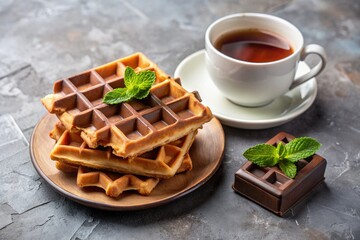 Poster - Tasty waffles served with chocolate and mint next to a cup of tea.