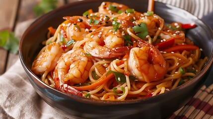 Wall Mural - Delicious spicy shrimp noodles with teriyaki sauce popular cuisine
