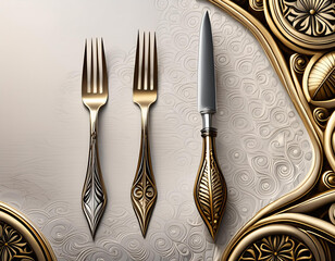 A neatly arranged knife and two forks with intricate designs on a pristine white background