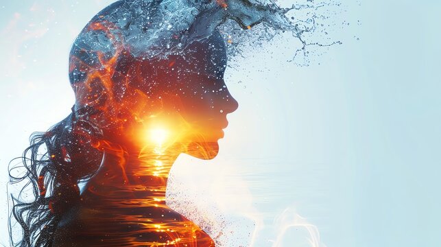 A mesmerizing double exposure image showcasing the silhouette of a woman gracefully intertwined with the elements of earth, water, wind, and fire, each element subtly blending into