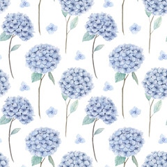 Wall Mural - Floral print with blue hydrangea. Watercolor seamless pattern. Hand drawn  illustration on white background