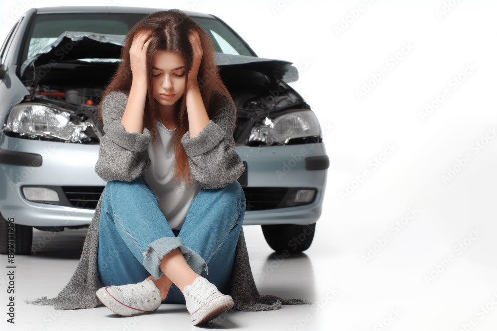 girl holding her head in front of a broken car Isolated on white background