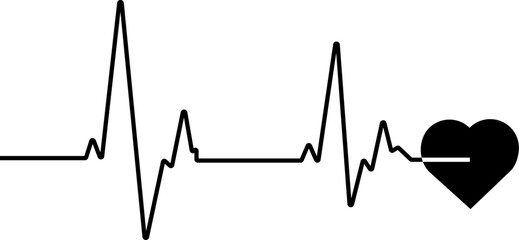 Heartbeat black line and small stylized black heart vector illustration