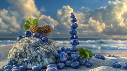 Wall Mural - Blueberries and seashells on a sandy beach at sunset