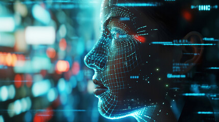 Face artificial intelligence technology deputized by computer-generated face Identify Security  futuristic concept