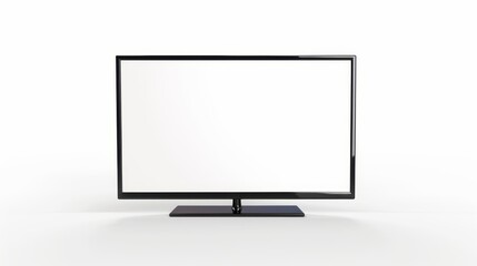 Flat-screen television with a blank white screen, standing upright on a table. The TV has a black bezel and a rectangular base