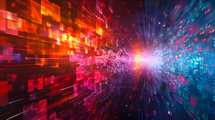 Wall Mural - Abstract Digital Data Stream with Bright Colors. Vibrant digital data stream composed of colorful pixels and light streaks, symbolizing high-speed information transfer and technology.