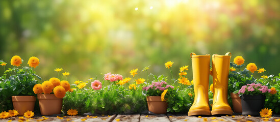 Spring background with yellow rubber boots in the garden. AI Generative