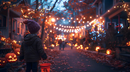 Poster - Halloween night with children trick-or-treating in a bustling neighborhood. Vibrant costumes, glowing jack-o'-lanterns, and spooky decorations fill the scene.