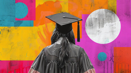 Wall Mural - digital collage colorful illustration rear view female graduated college student celebrating graduation