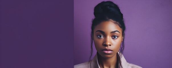 Purple background sad black independent powerful Woman. Portrait of young beautiful bad mood expression girl Isolated on Background racism skin color depression anxiety fear burn 
