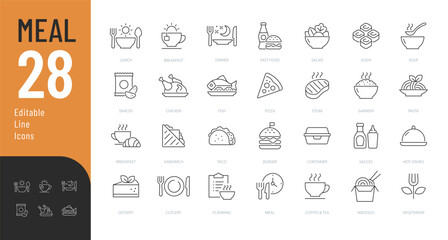 Meal Editable Icons set. Vector illustration in modern thin line style of food related icons: dish, lunch, fast food, and more. Pictograms and infographics for mobile apps.