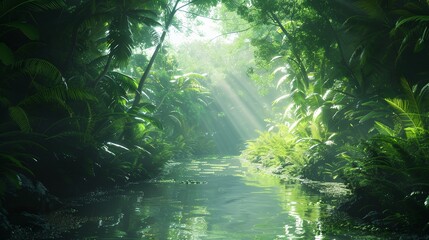 Wall Mural - a river surrounded by lush green trees and plants with sunlight