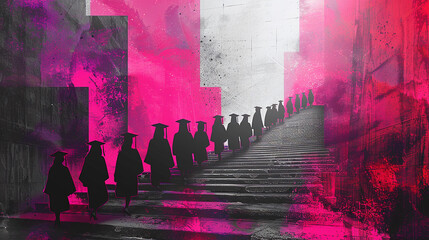 Wall Mural - risograph digital illustration of college graduated students, magenta, pink, white and black colors, modern university graduation celebration